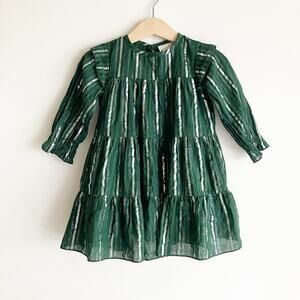 Yo Baby Dress Girls 12-18M Striped Green Metallic Silver Tiered Long Sleeve